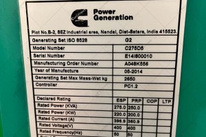 Дизельный генератор б/у Cummins C275D5 220 кВт, 2014 г., 10 м/ч.