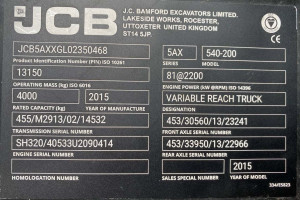 Телескопический погрузчик JCB 540-200 2015г. 81 кВт * Дж Sway 6623 м/ч. №5146 B