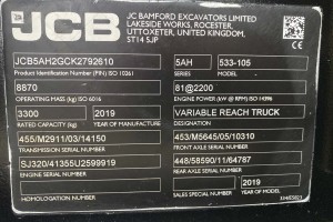 Телескопический погрузчик JCB 533-105 2019 г. 81 кВт. 846,3 м/ч., № 3789 L 