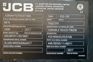 Телескопический погрузчик JCB 533-105 2017г. 55 кВт * 3735 м/ч., №5122 B