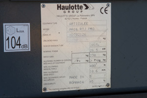 Коленчатый подъемник Haulotte HA16RTJPRO 4WD 2015 г. 26,5 кВт. 1795 м/ч. № 5429