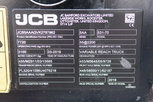 Телескопічний навантажувач JCB 531-70 2019 р. 55 кВт. 1021 м/г., № 3584