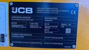 Гусеничный экскаватор JCB 220X L 4F 2018 г. 129 кВт. 4651,6 м/ч., № 3691 L
