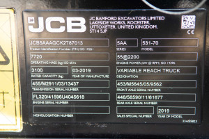 Телескопічний навантажувач JCB 531-70 2019 р. 55 кВт. 1044 м/г., №4222